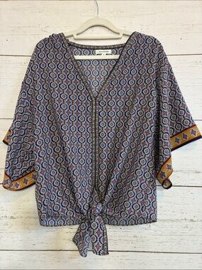 Max Studio Blue and Gold Medallion Print Tie-Front Blouse, size M